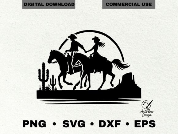 Cowboy Couple Riding Horses Silhouette Graphics and Illustrations