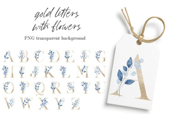 Gold Alphabet, Monograms Blue Leaves: Premium Graphics and Illustrations for Editorial Publishing