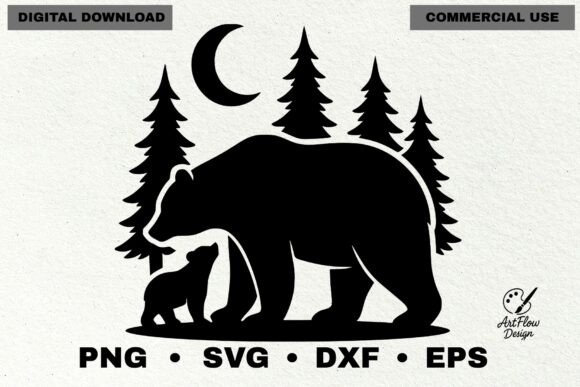 Mom Bear with Cub in Forest Scene SVG Graphics and Illustrations