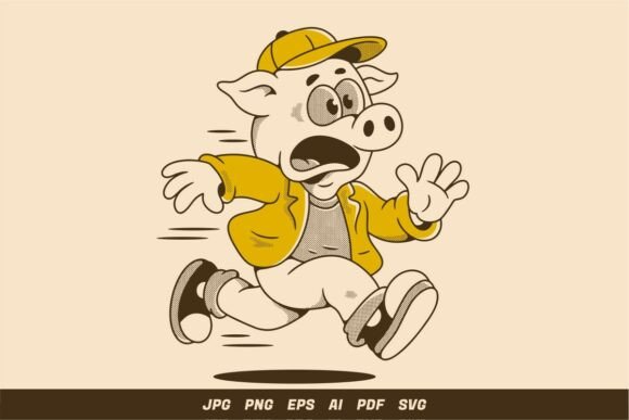 Retro Running Panic Pig Mascot Character Graphics and Illustrations