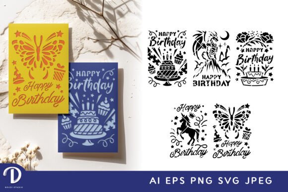 Set of Birthday Cutaway Card Graphics for Crafts